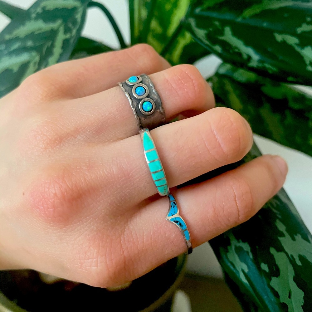 Sterling Silver Turquoise Opal Ring Trio Set